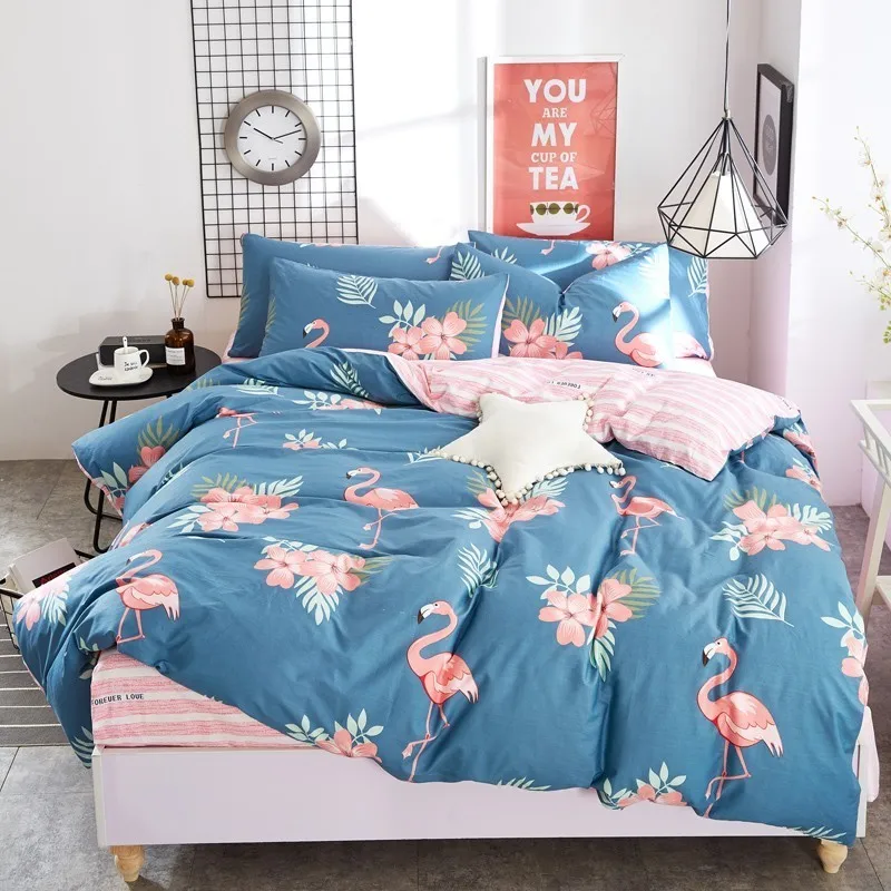 

4pcs Cotton Pink Flamingo bedding duvet cover sheets set Pillowcases printed bed sets Full/Queen/King sizes funda nordica cama