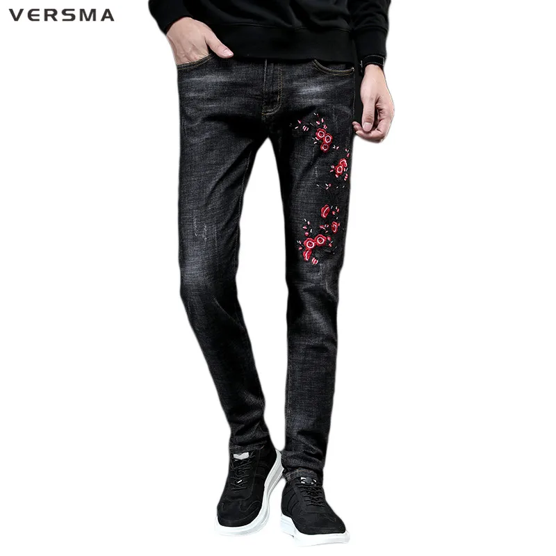 VERSMA 2018 Korean Harajuku Vintage Flower Embroidery Denim Jeans Trousers Slim Fit Business Casual Black Jean Pencil Pants Men