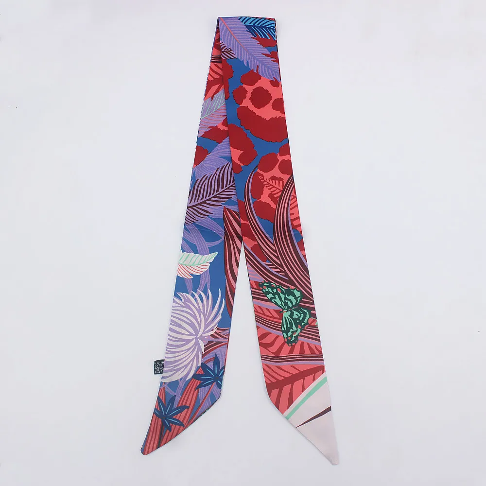 New Luxury Brand Silk Small Women Head Scarf Hair Bags Tropical rainforest Handle Decoration Tie Multifunction Hand Ribbon Scarf image 4