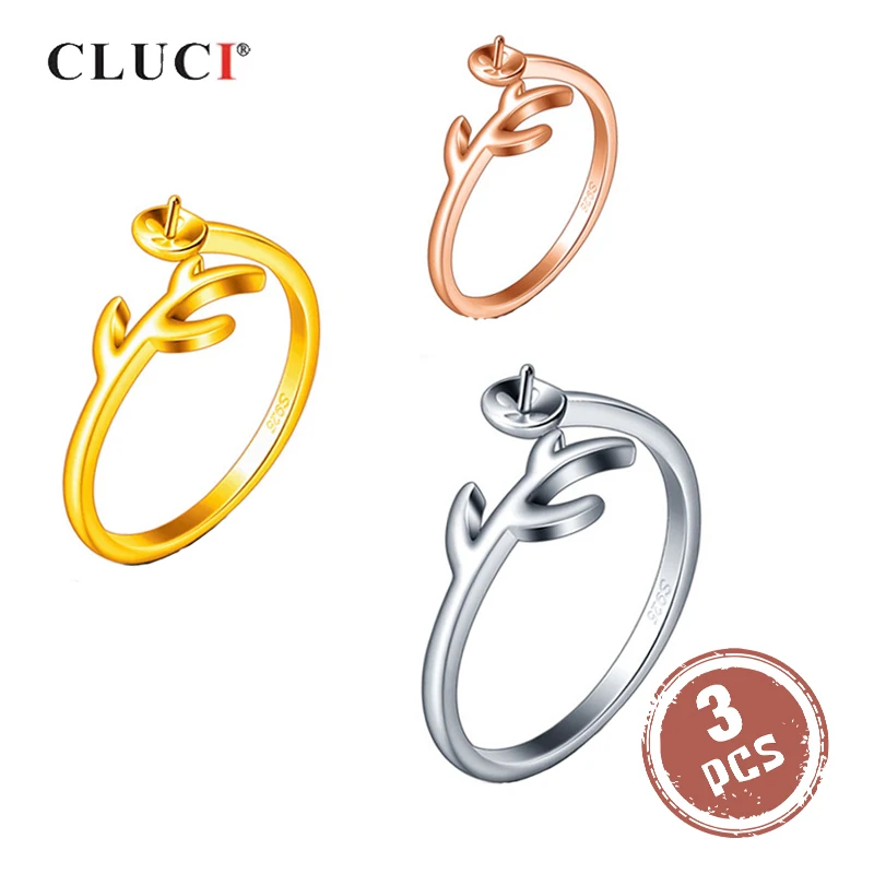 CLUCI-Anillo de diseño de Plata de Ley 925 para mujer, 3 piezas, anillo de perlas de plata 925, montaje, anillo de hoja ajustable, joyería SR2210SB