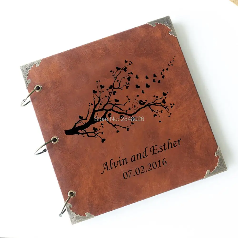 TREE with love birds Engraved Leather wedding Photo Album,Custom Wedding guestbook, custom with your name and date