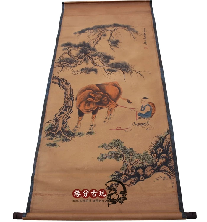 

Rare Hand-painted QingDyansty Chinese Vertical scroll reel antique calligraphy painting, Chinese painting cowboy,free shipping