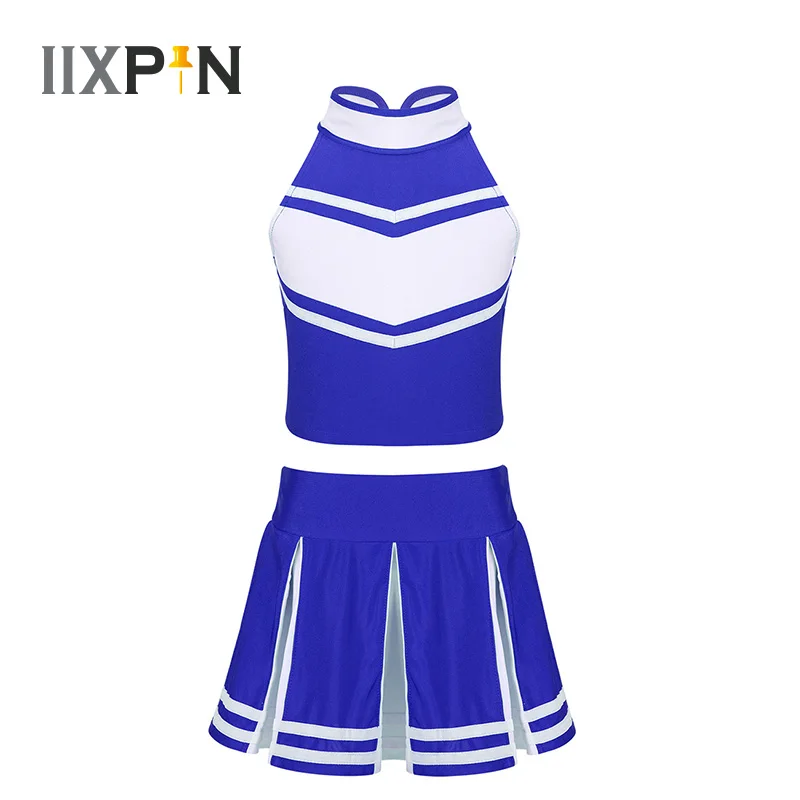 Girls Jazz Dance Costume Kids Cheerleader Costume Cheerleading Children Dress Outfit Sleeveless Zippered Tops with Pleated Skirt