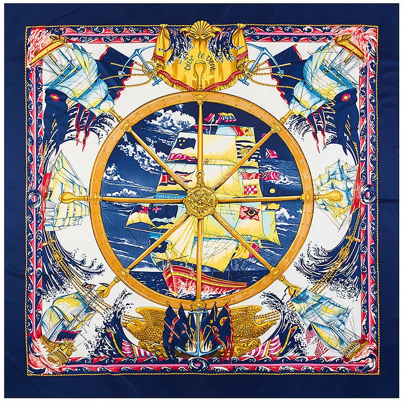 

2023 New Twill Silk Womens Scarfs Sailing Ship Print Luxury Brand Scarf Femal Hijab Foulard Bandana 130cm Large Square Scarves