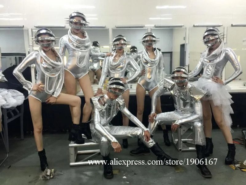 Fashion Space Show Future Warrior Silver Party Clothes Catwalk Model Show Nightclub Bar Dance Team Event Suit Costume Headwear