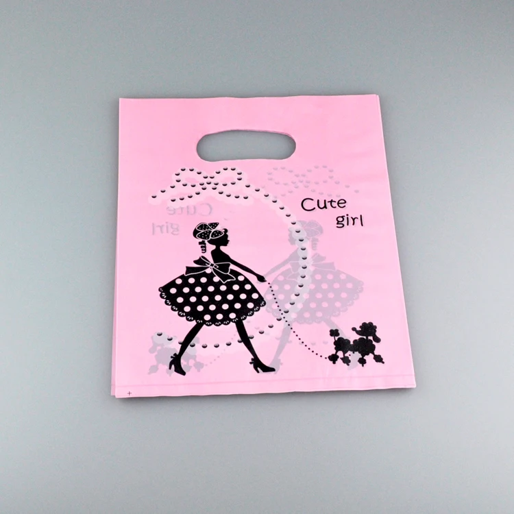 20x25cm Girl Print Pink Plastic Bag 100pcs/lot Jewelry Boutqiue Gift Packaging Bag Favor Plastic Shopping Bags With Handle