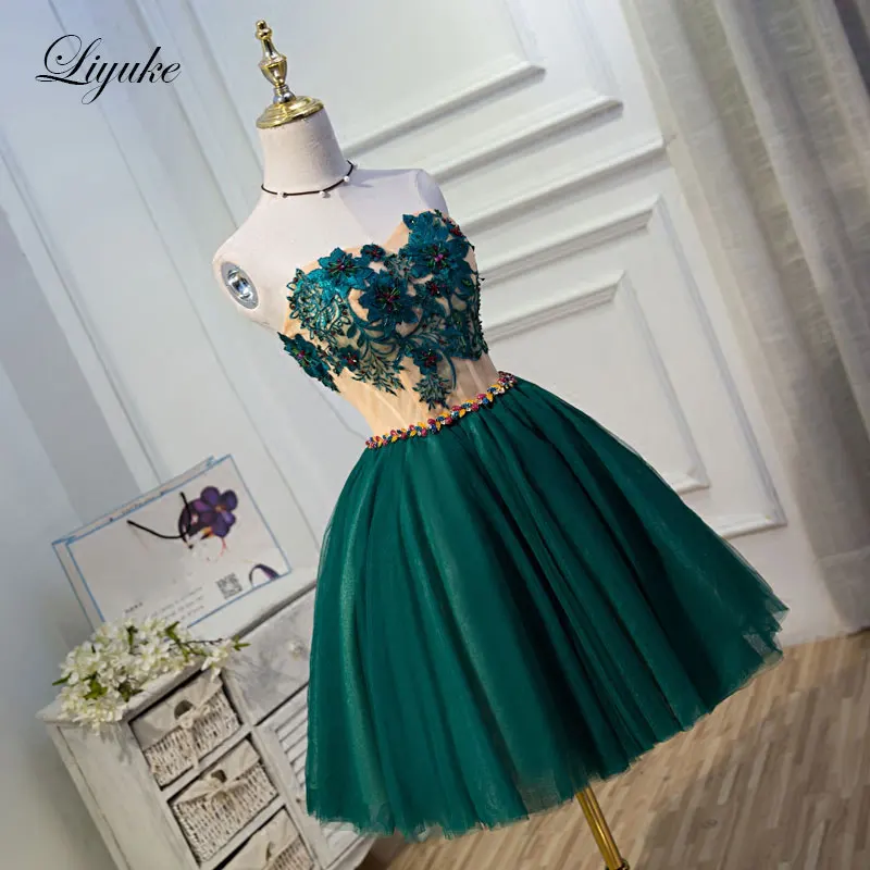 Liyuke Elegant Appliques Dark Blue Prom Dress  A Line Strapless Party Dress Knee-Length Dress With Wine Red Beading