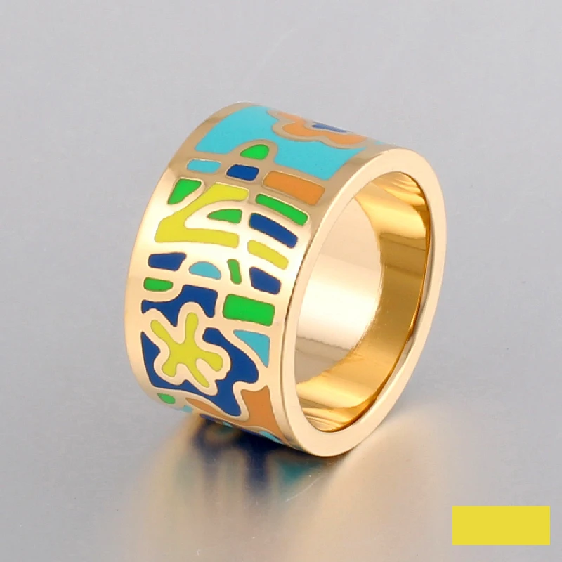 Promotions Hurry Flower Enamel Ring Gold-color Enamel Geometric Patterns Ring 1.3CM Big Rings for Women Ethnic jewelry