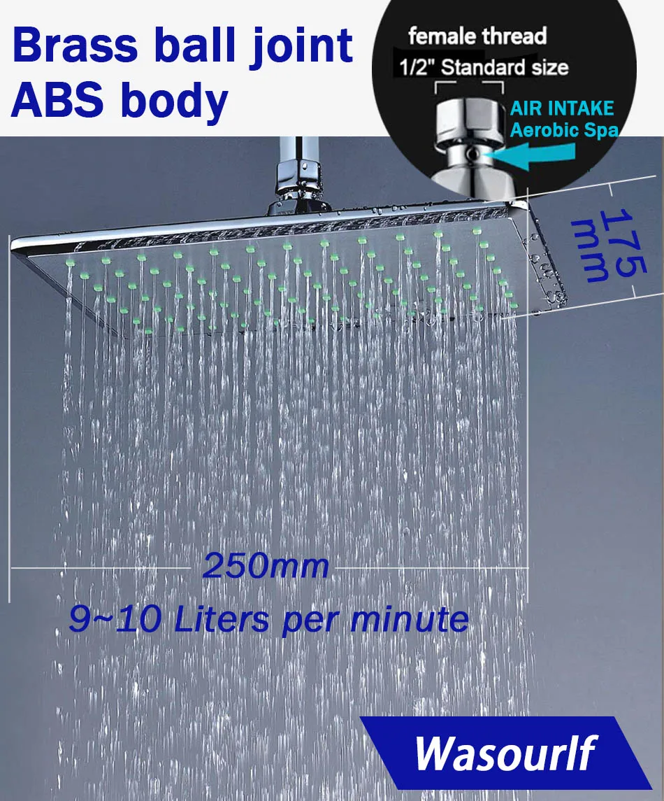 WASOURLF Rain Shower Head Wall Mounted Dish  Ceiling Shower Square Water Saving Top Sprayer Chrome Overhead Shower Bathroom