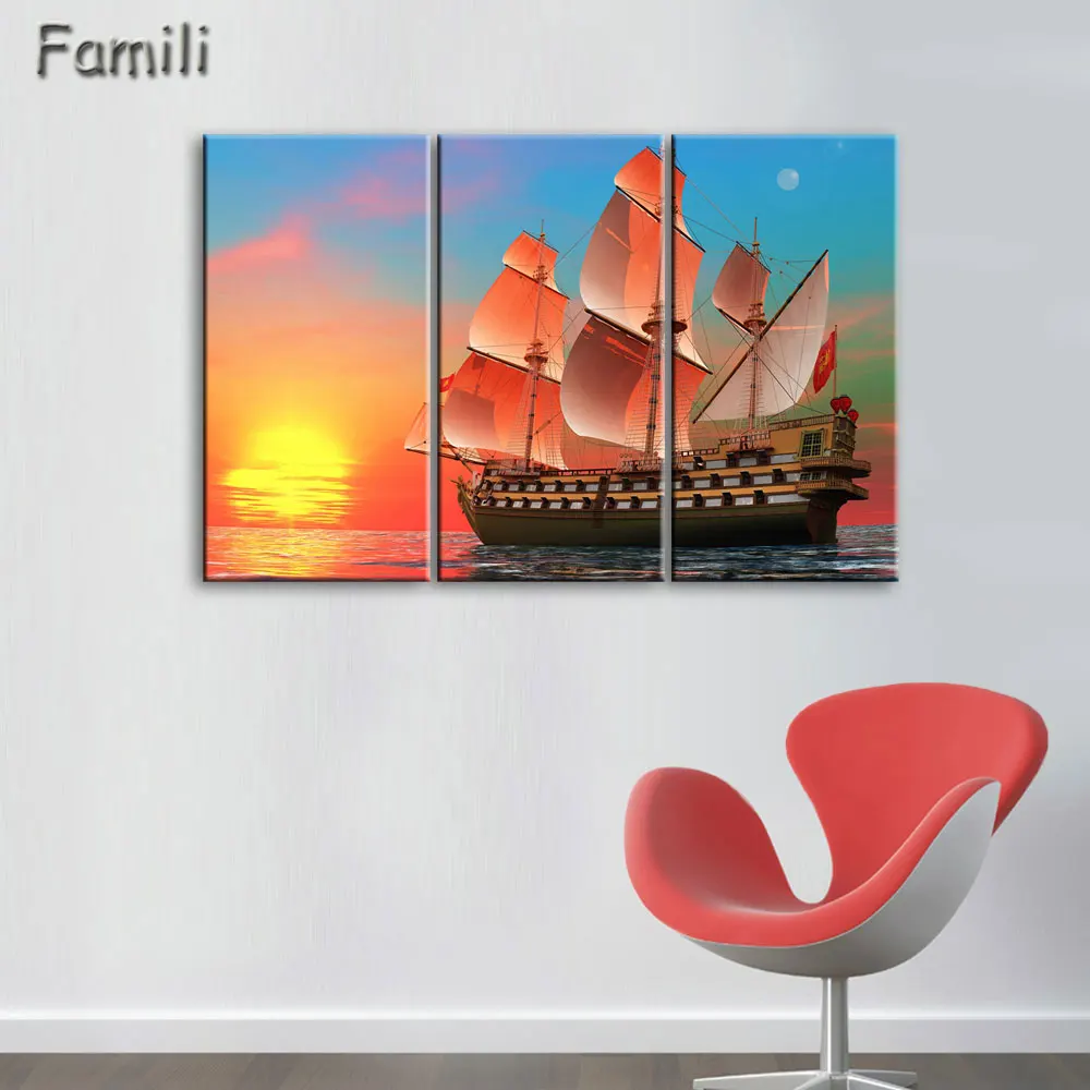 

3pcs Wall Art Painting Fantasy Ship Sail Boat In Lake Sunset Prints On Canvas Oil For Home Modern Decoration Print Painting