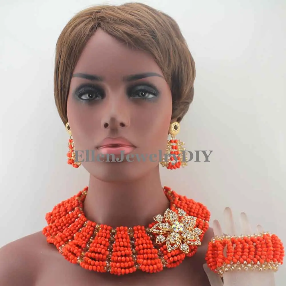 New Gorgeous Coral Crystal Beads Traditional African Wedding African Beads Jewelry Set For Women Free Shipping W13131