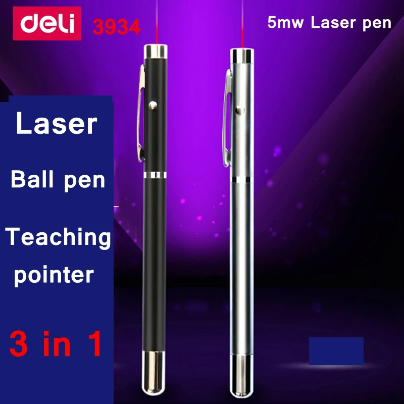 5mw Deli 3934 Red Laser Pointer Laser Pen 200 Meter Distance Laser+Ball Pen+Teaching Pointer 3 in 1 w/ 6xCoin Battery