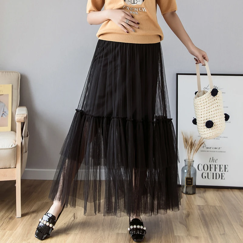 

Gauze Cake Maternity Skirts Elastic High Waist Belly Long Skirts for Pregnant Women Summer Pregnancy Clothing Black Beige pink