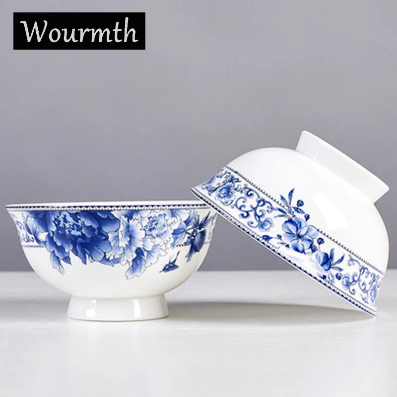 WOURMTH  Blue and white porcelain Rice Soup Bowl Chinese Style  Ceramic Bowl  Mixing Bowl