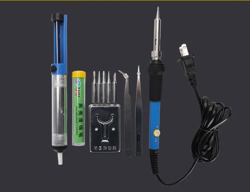 110V US อุณหภูมิปรับ Soldering Iron Handle + 5Pcs IronTips + Desoldering Pump + สายบัดกรีขาตั้งแหนบเครื่องมือเชื่อม