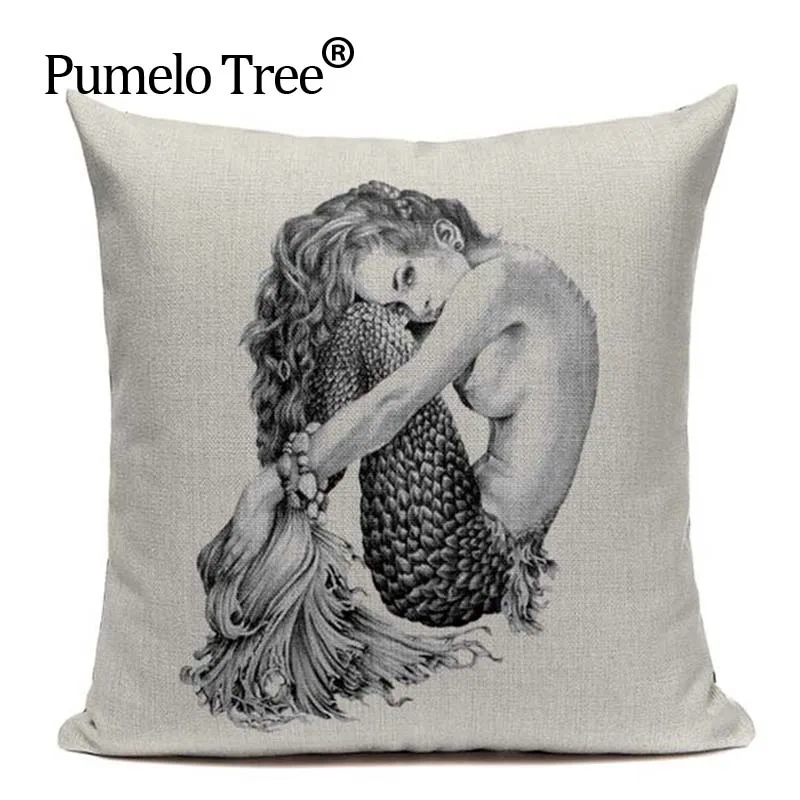 Cartoon Mermaid Cotton Linen Pillowcase Pillow Cover Ocean Style Chair Seat and Waist Square 45x45cm Cushion Cover Home Living
