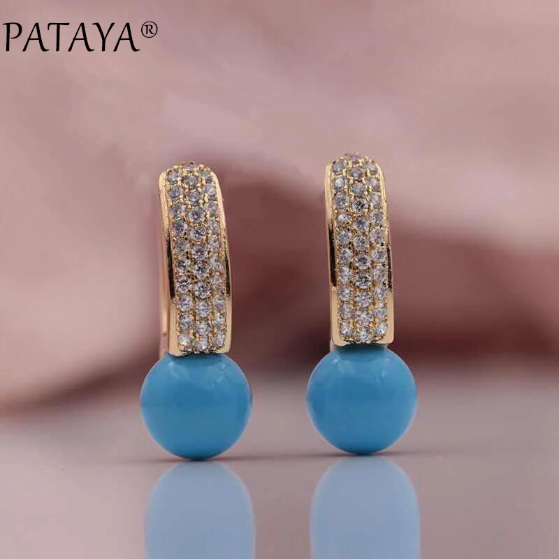 PATAYA New Arrivals 585 Rose Gold Color Turkish Blue Shell Pearls Natural Zircon Dangle Earrings Women Wedding Luxury Jewelry