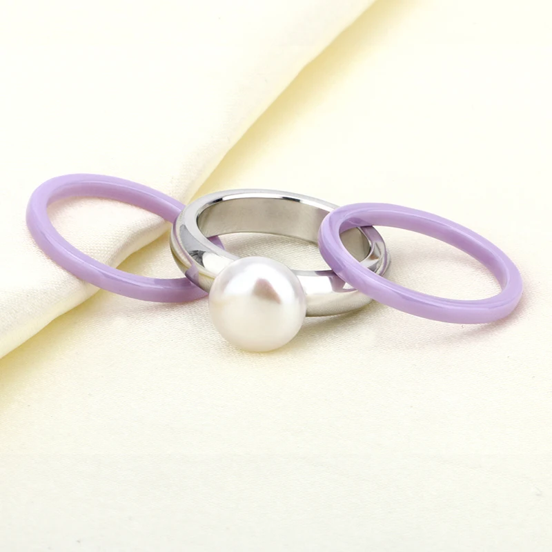 3pcs/Set Big Pearl Women Female Rings 2MM Smooth Width Purple Color Ceramic Rings For Women Anniversary Jewelry Can Be Separated