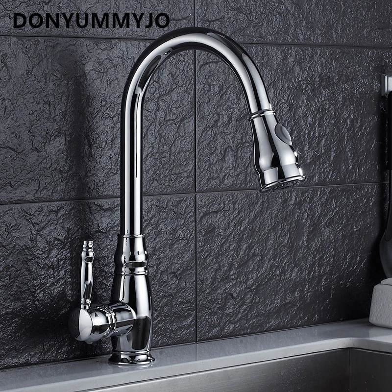 DONYUMMYJO Kitchen Faucet New 360 Rotate Brass Chrome Swivel Single Handle Pull Out Kitchen Sink Cold And Hot Mixed Tap