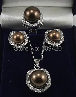 Free Shipping  Beautiful Chocolate shell pearl  jewelery Pendant earrings Ring Sets