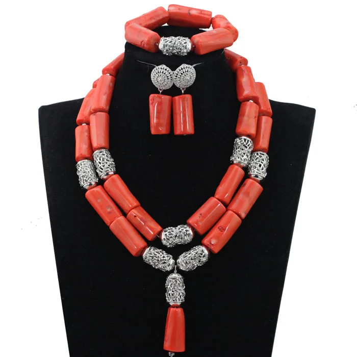 Real Coral Beads Silver Coral Bridal Necklace Set for Women African Costume Jewellery Set Beaded Coral Indian Jewelry Set ABH473