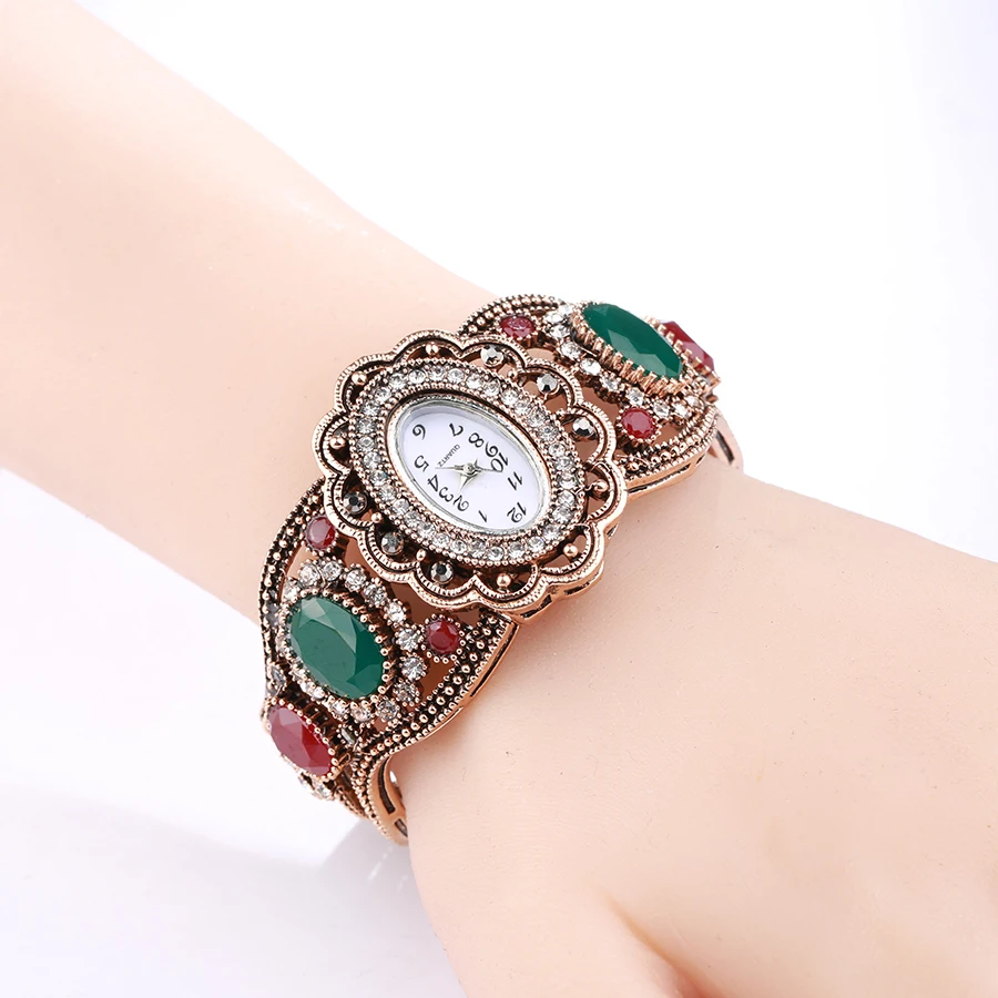 Kinel New Antique Watch Bracelet For Women Gold Color Hollow Crystal Flower Vintage Wedding Jewelry Christmas Gifts Wholesale