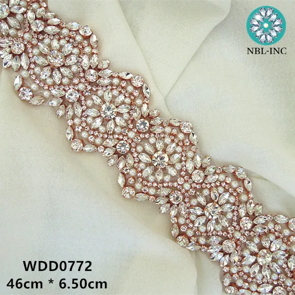 (30PCS ) Rose gold rhinestone appliques iron on bridal beaded crystal applique for wedding dresses sash belt WDD0772