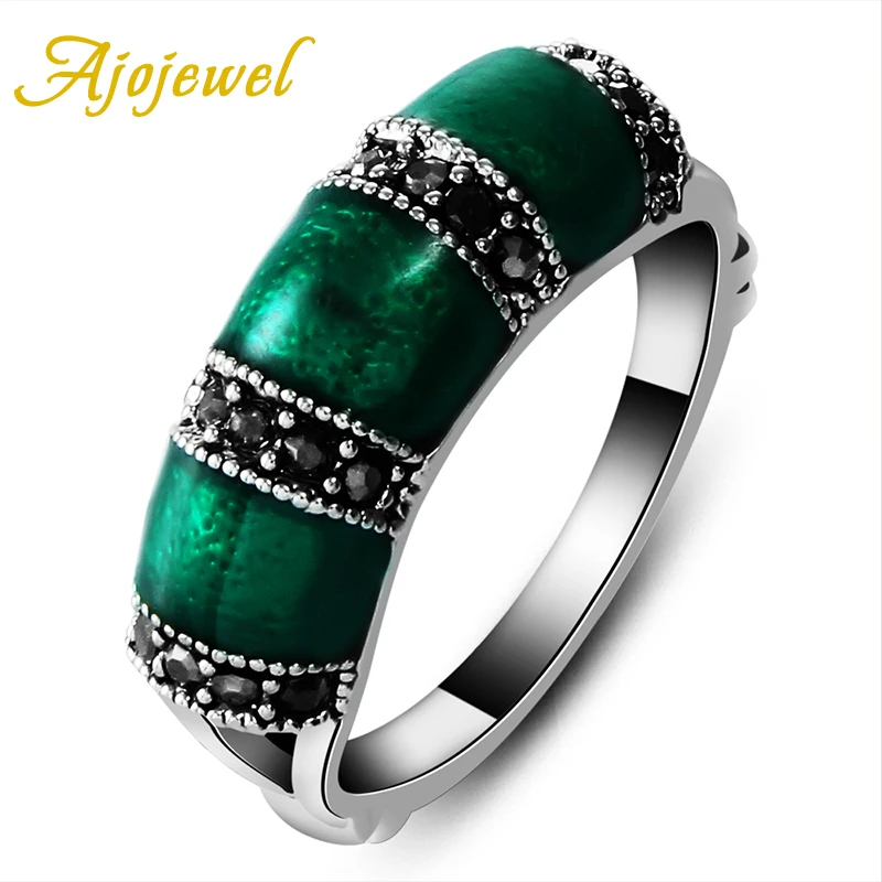 Ajojewel #6.5-9 Bamboo Designer Vintage Women Green Ring With Black CZ Stone Enamel Jewelry High Quality Party Gift