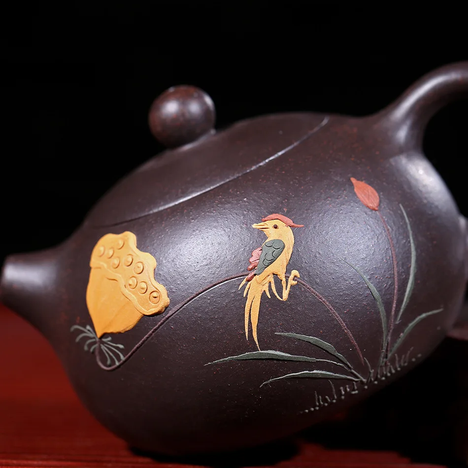 Black  Mud Yixing Teapot, Pure Hand Handmade, Colorful Mud Painted Flower, Bird, Xi Shi Pot, Purple Clay, 188 Ball Hole, 170m