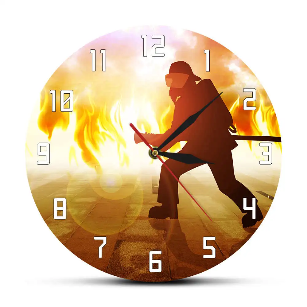 Firefighter Fighting A Fire Custom Clock Duty Calls Firemen In Flames Personalised Text Modern Wall Clock Fire Dept Office Decor