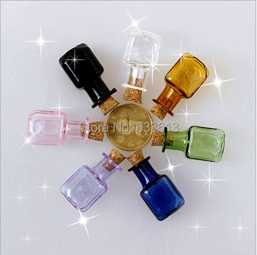 Free shipping 50pcs/lot cute square box mixed color 20mm cork stopper Wish Mini glass Bottle Perfume essential oil vial pendant