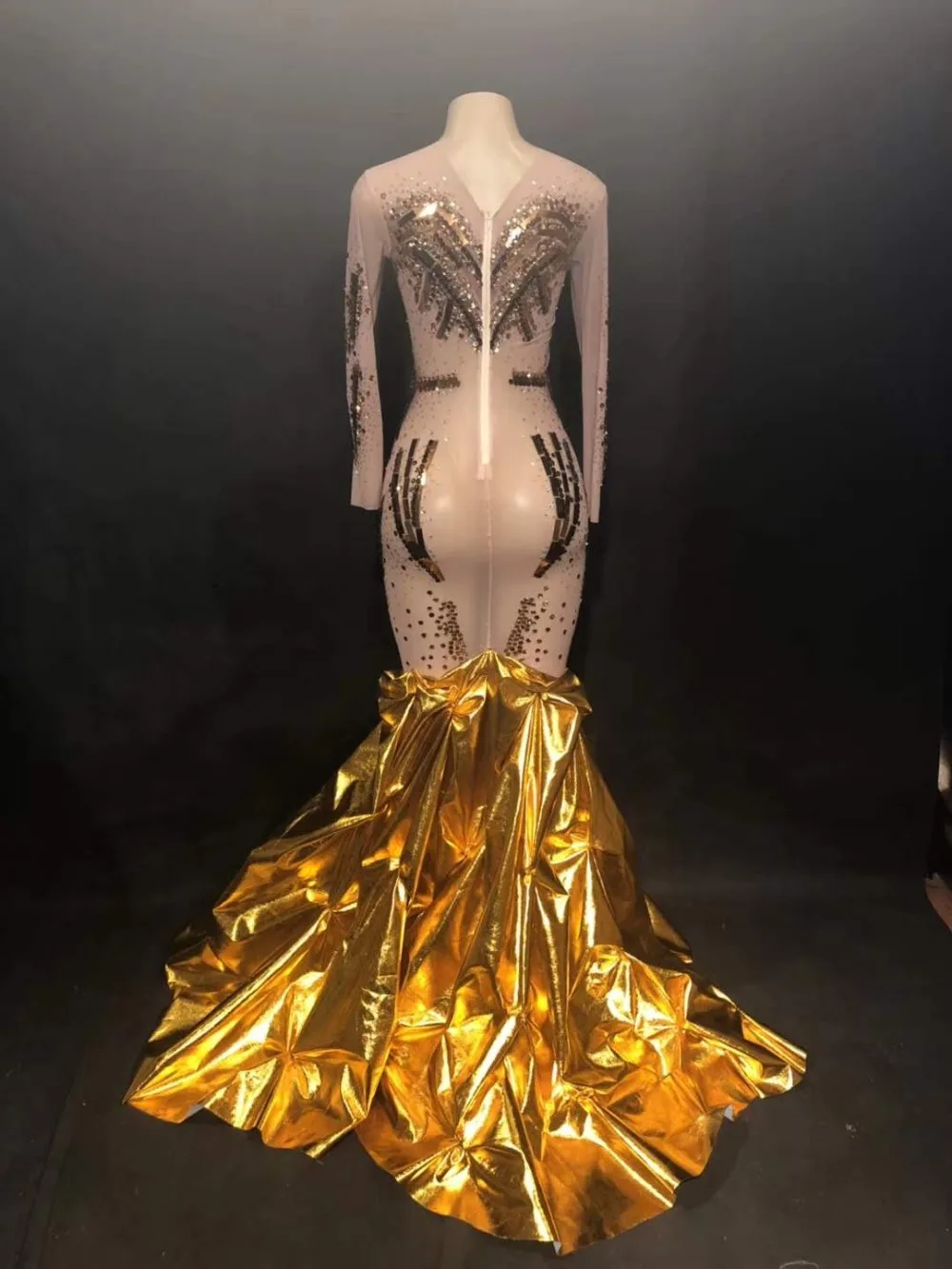 Vestido de lentejuelas doradas con diamantes de imitación brillantes para mujer, vestido Formal de noche para cantante, traje de una pieza para Bar, traje de actuación para escenario