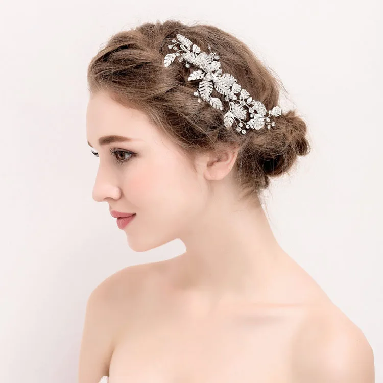 SLBRIDAL Handmade Silver Color Rhinestone Crystal Flower Wedding Hair Clip Barrette Bridal Headpiece Hair comb accessories Women