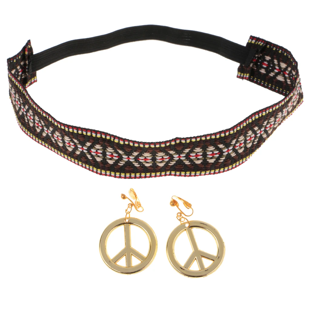 Boho Hippie Embroidered Headband and Gold Peace Symbol Earrings Headwrap Costume Headwear Accessories for Halloween Party