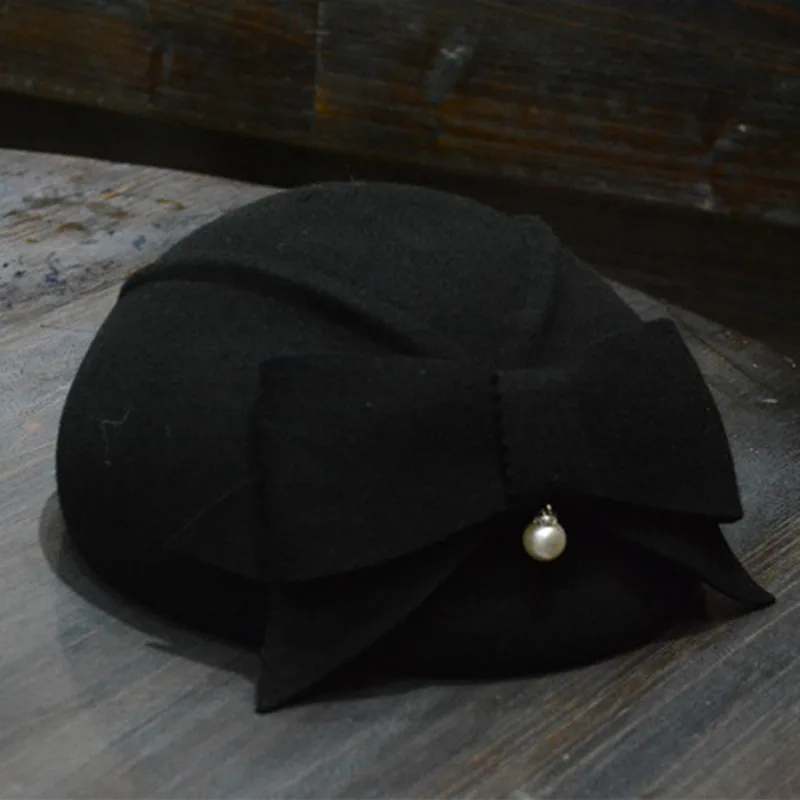 100% Wool Beret Hat Women Wool Felt Cap Ladies Bowtie Wedding Church Fedora Hat WInter Autumn Women Fedoras Caps B-8866