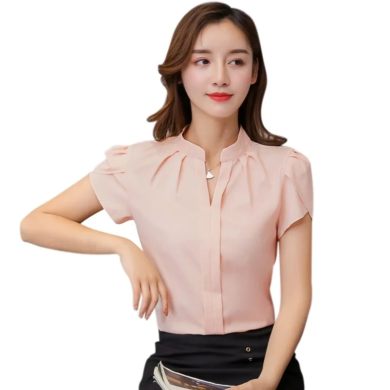 Blusa de chifón con manga corta para mujer, camisa femenina con cuello en V, elegante, Formal, para oficina