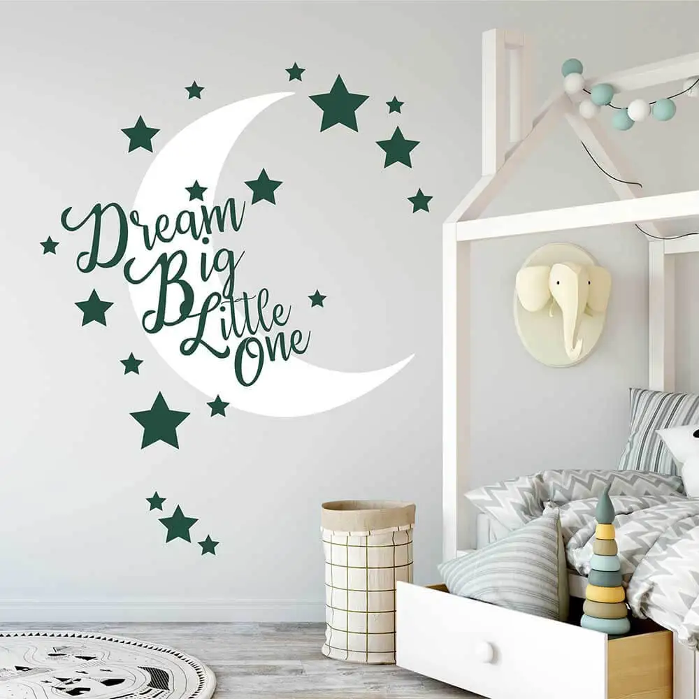 Kids Room Wall Art Decal Dream Big Little One Quote Vinyl Sticker Moon and Stars Nursery Decor Baby Room Wallpaper AZ209