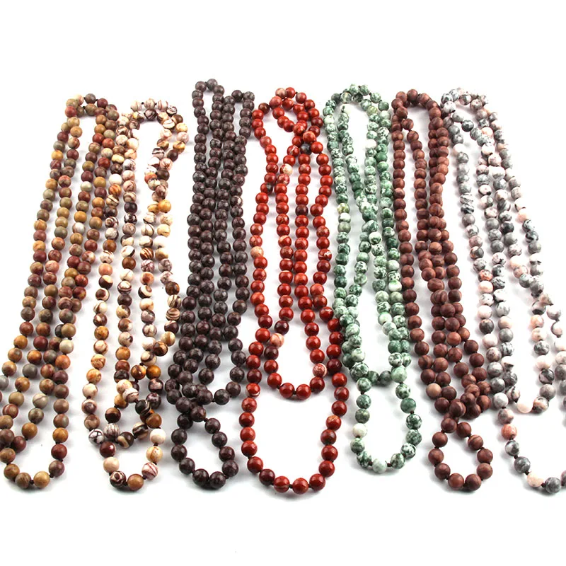 Fashion 8MM Natural Semi Precious Stones Beads long Knotted Statement Necklaces  For Women