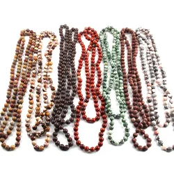 Fashion 8MM Natural Semi Precious Stones Beads long Knotted Statement Necklaces  For Women