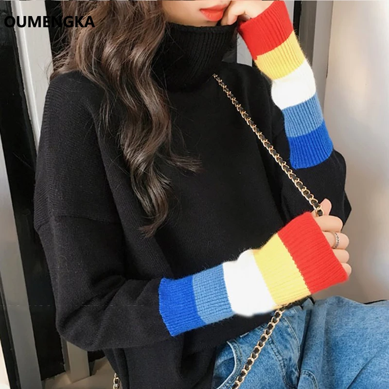 Female Korean Harajuku Clothing For Women Loose Wild Striped Casual Sweater Rainbow Sleeve Turtleneck Kawaii  Pullover Jumper