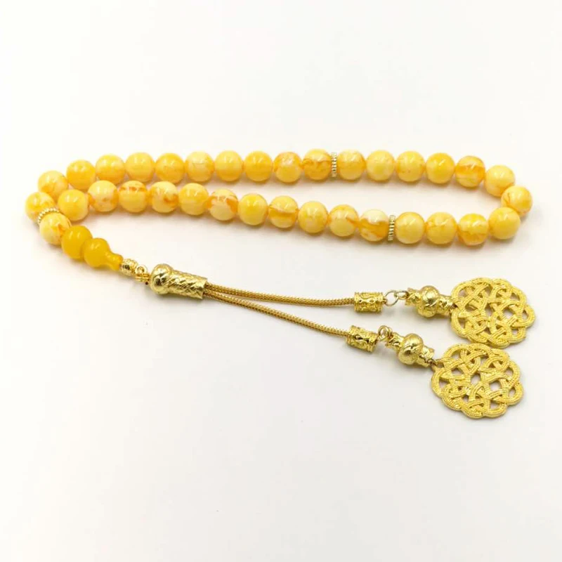 Muslim Rosary Yellow resin 33 66 99 beads Tasbih gift Ramadan Golden metal tassel Man's Tarbons Misbaha Islamic Bracelets