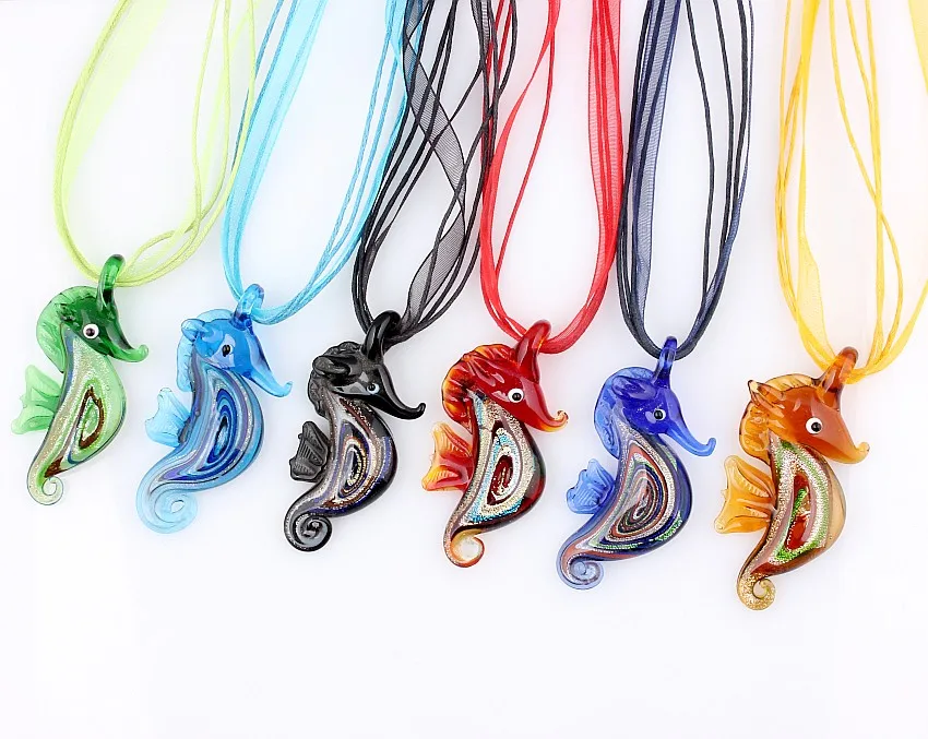 Wholesale 6pcs Handmade Murano Lampwork Glass Mix Color Seahorse Pendant Necklace Hot Thanksgiving Gift necl0004