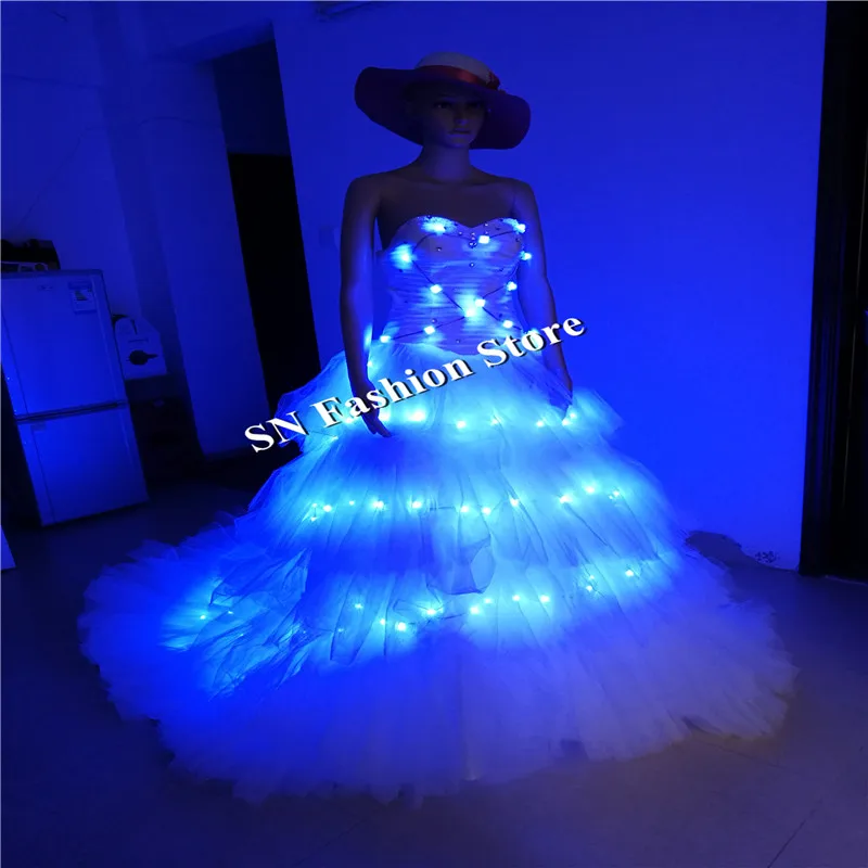 SS8 LED light women dresses party event blue light dress ballroom dance costumes stage show club singer wears wedding dj cloth