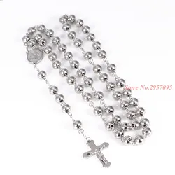 4/6/8/10MM Classic Womens Mens Necklace Stainless Steel Silver Color Bead Rosary Chain Jesus Christ Cross Pendant Free Shipping