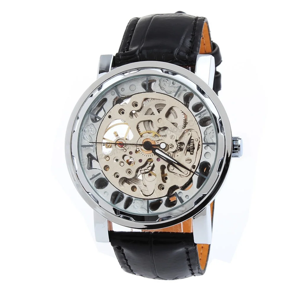 

New Arrive Men delicate Silve Dial Leather Band Watch Hollow Engraving Automatic Self-winding Skeleton Watches