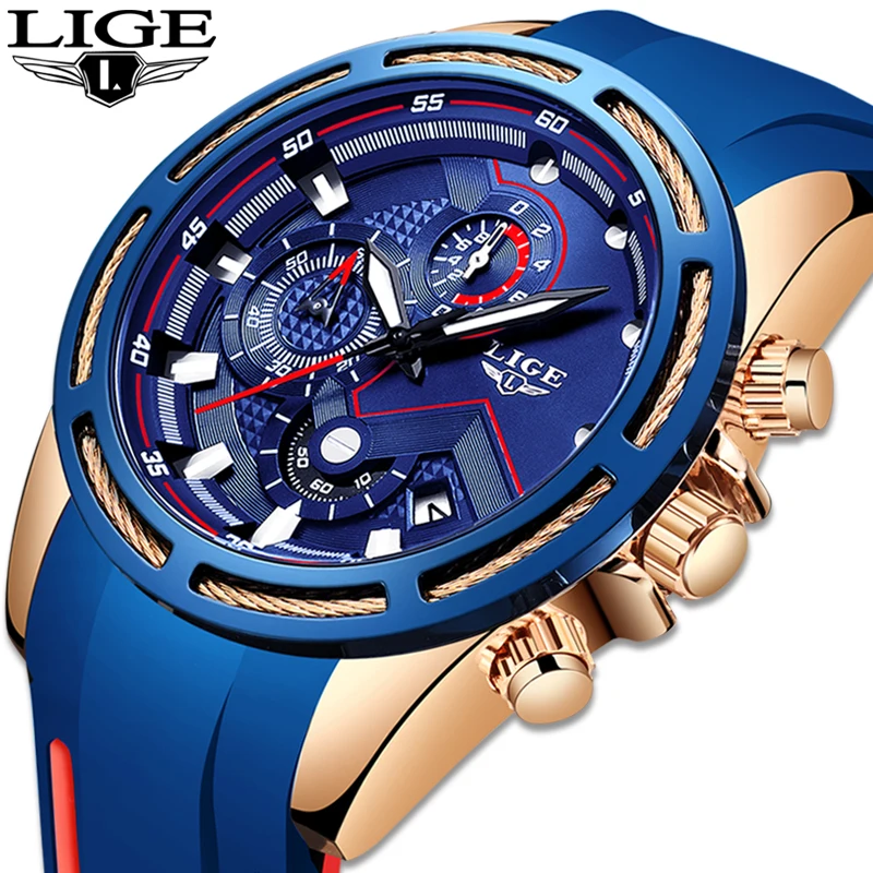 LIGE New Men Watches Top Brand Luxury Blue Silicone Strap Waterproof Watch Sport Chronograph Quartz WristWatch Relogio Masculino