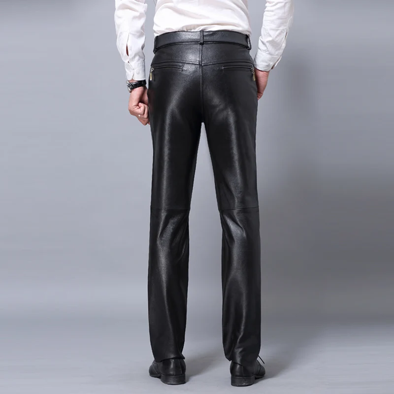 Men's Leather Pants, Windproof, Warm, Sheepskin, Full Length, Motorcycle Pants, Thick Trousers, Spring and Autumn