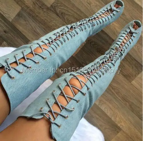 LTTL Hot Selling Sexy Women Suede Lace-up Thigh High Boots Peep Toe Cut-out Strappy Gladiator Heels Over the Knee Autumn Boots