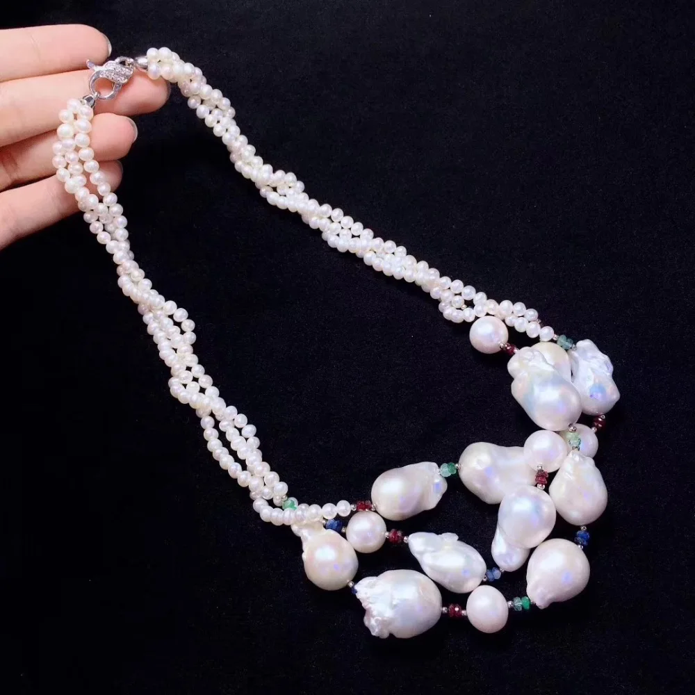 baroque natural fresh water pearl necklace 19 inch  big and small pearl mixed  multi layers fashion women jewelry free shipping