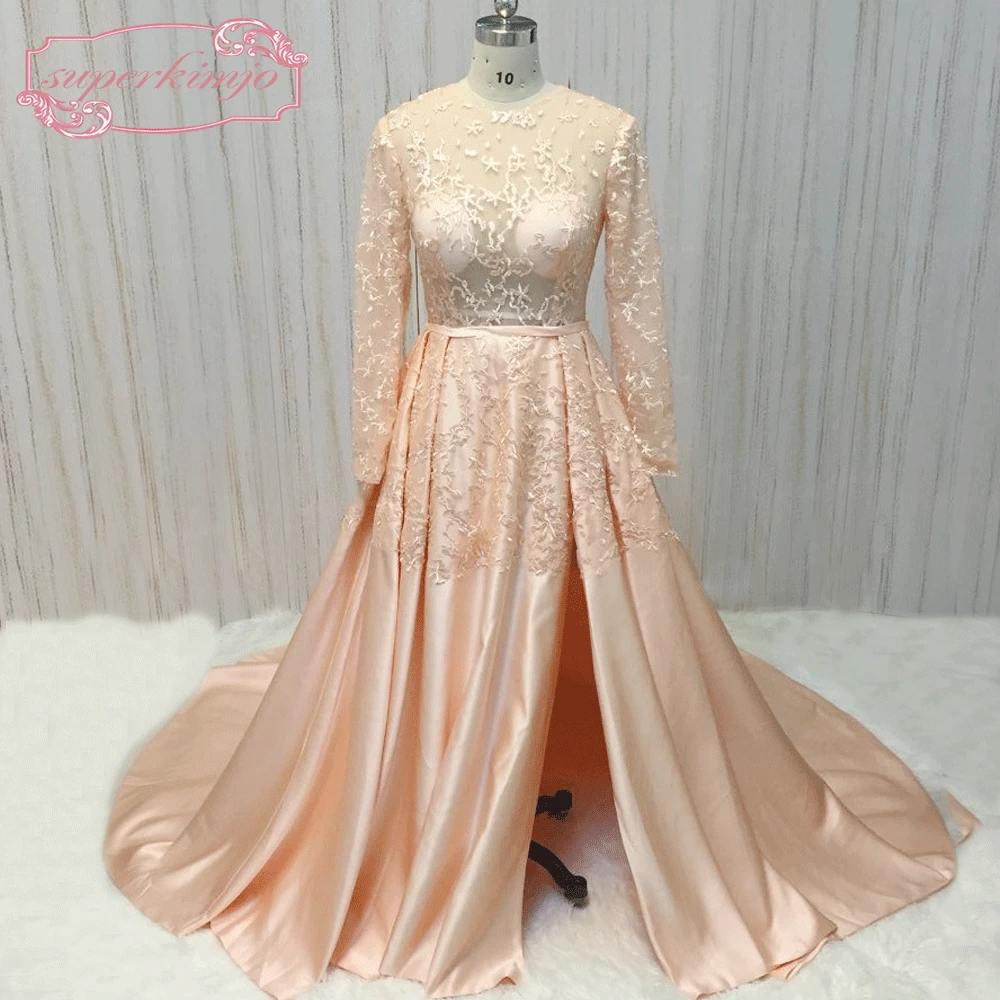 SuperKimJo Vestidos De Festa Long Sleeve Lace Peach Prom Dresses 2020 Elegant Saudi Arabic Prom Gowns with Sleeves